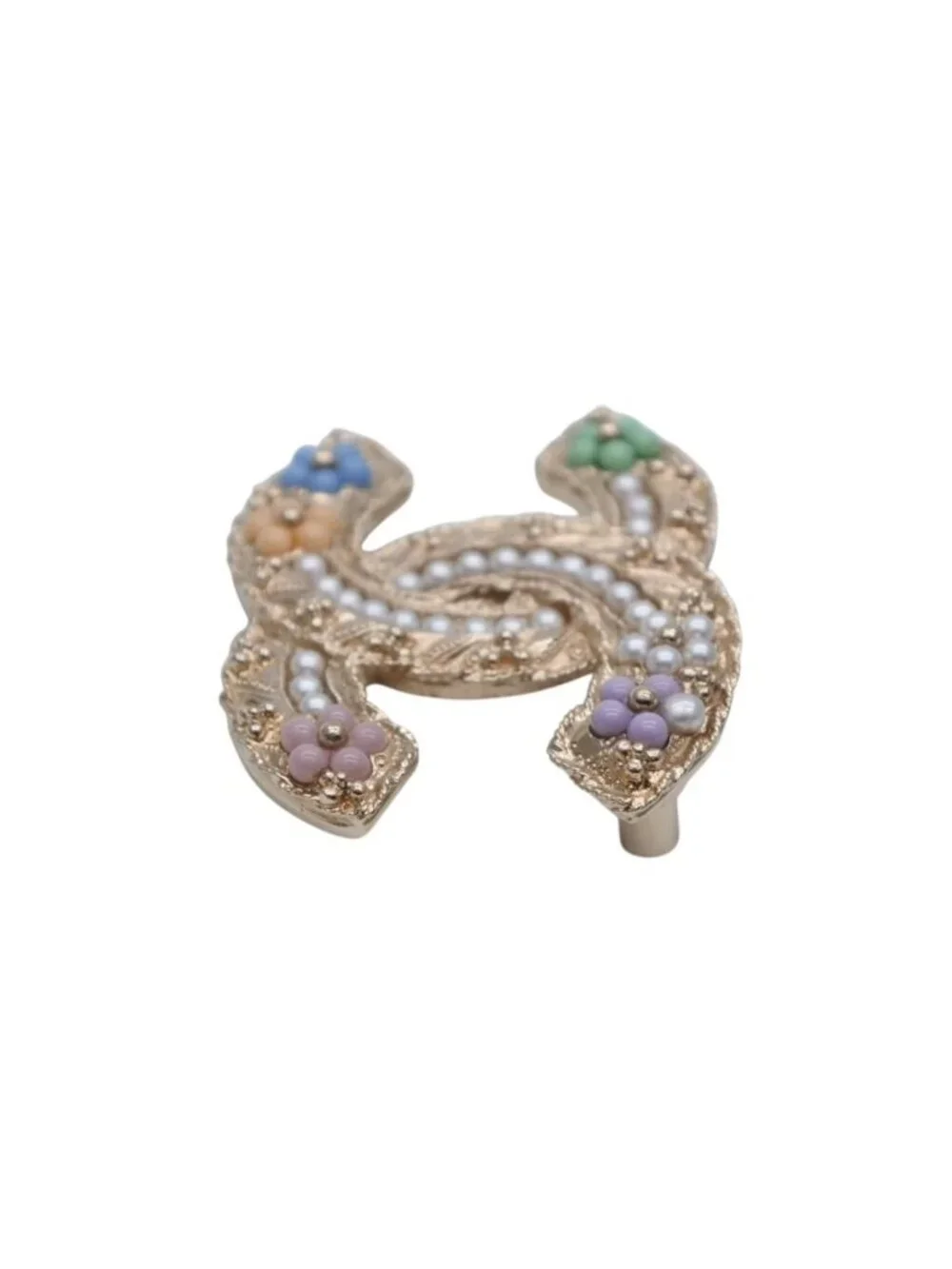 Chanel CC Logo Brooch Faux Pearl Flower Motif Metal Gold